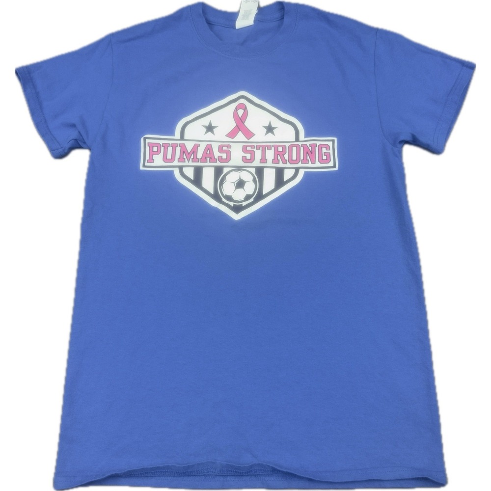 Unisex Pumas Strong Breast Cancer Awareness Soccer TShirt Small Blue Graphic Tee